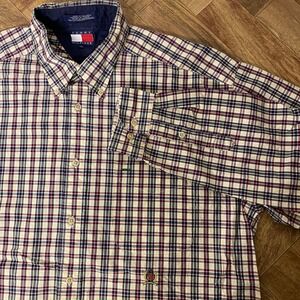 Vintage Tommy Hilfiger Mens Large Plaid Button Down Shirt Long Sleeve Crest Logo